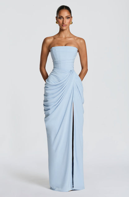 Cyra Maxi Dress in Navy — strapless chiffon column gown