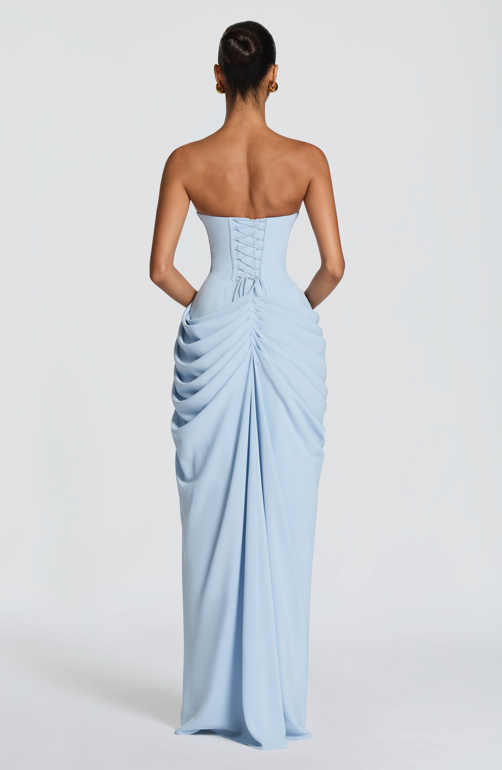 Cyra Maxi Dress in Navy — back view with lace-up detail