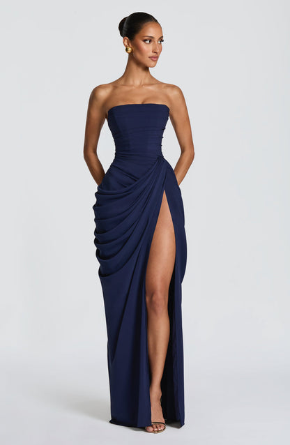 Cyra Maxi Dress in Glacier Blue — flowing chiffon evening gown