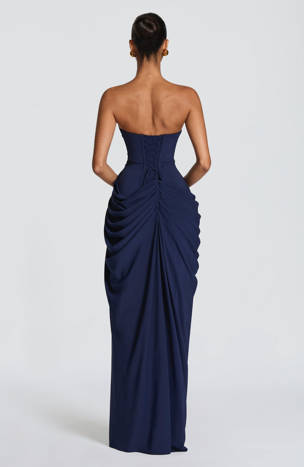 Cyra Maxi Dress in Glacier Blue — side view with thigh-high split