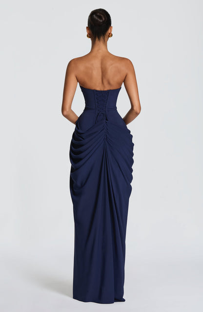 Cyra Maxi Dress in Glacier Blue — side view with thigh-high split