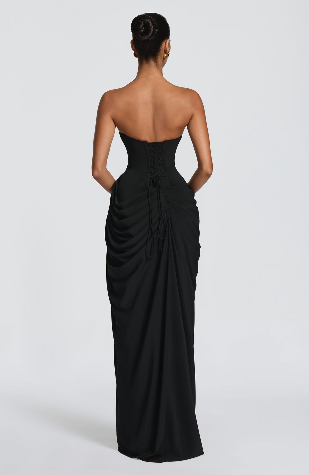 Cyra Maxi Dress in Black — back view with lace-up detail
