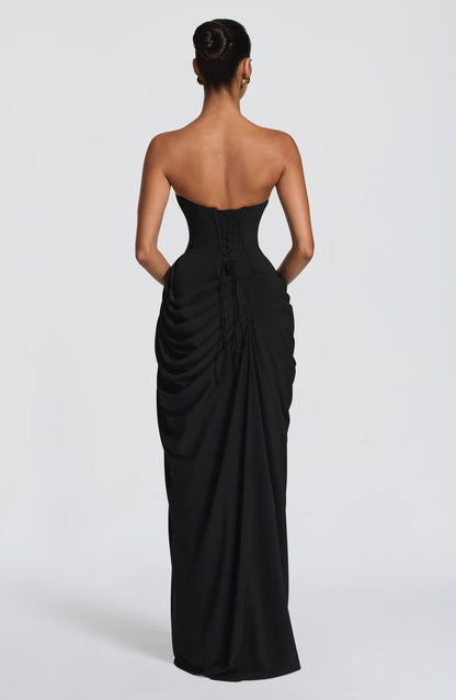 Cyra Maxi Dress in Black — back view with lace-up detail
