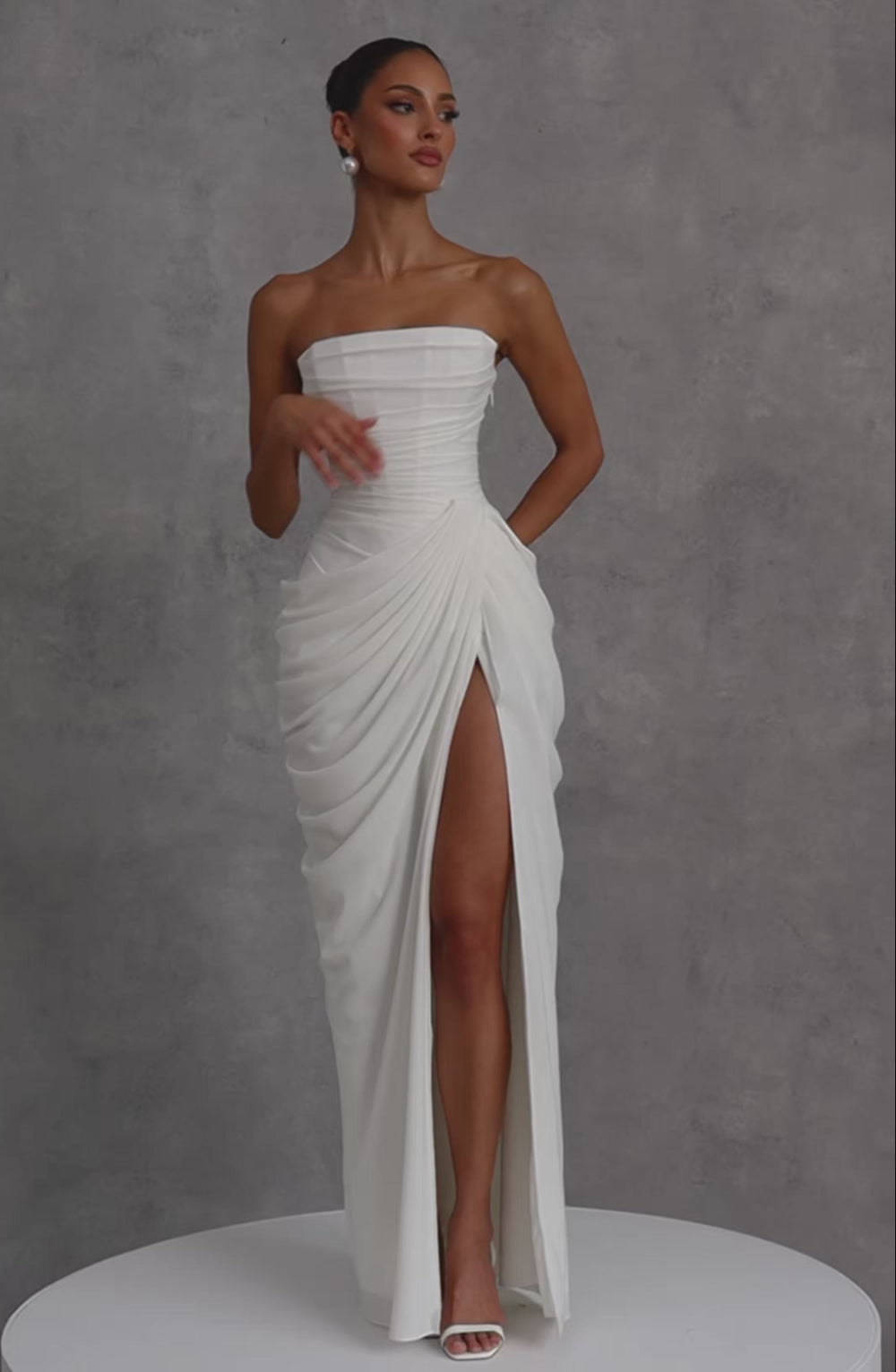 Cyra Maxi Dress in Ivory — strapless chiffon column gown