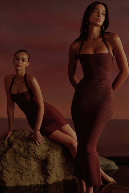 The Silhouette Burnt Sugar Halter Neck Bandage Maxi Dress