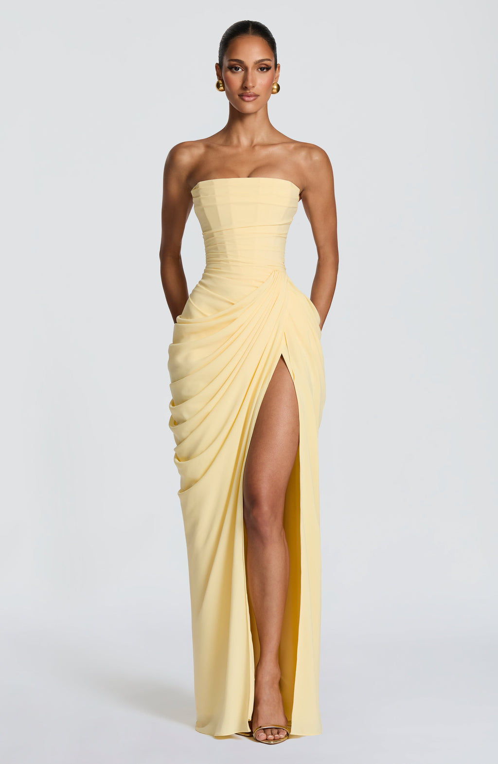 Cyra Maxi Dress in Lemon — front view of corset bodice