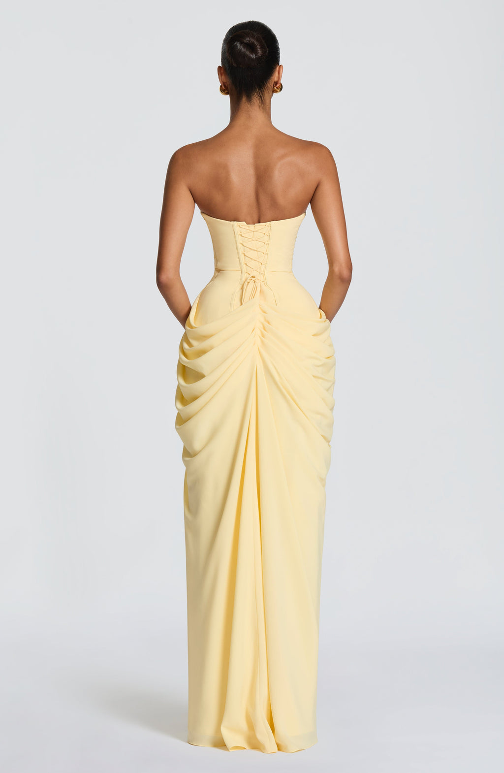 Cyra Maxi Dress in Lemon — strapless chiffon gown with thigh-high split