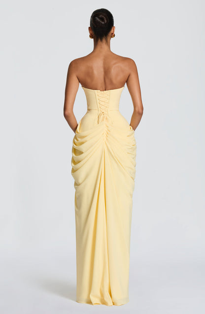 Cyra Maxi Dress in Lemon — strapless chiffon gown with thigh-high split